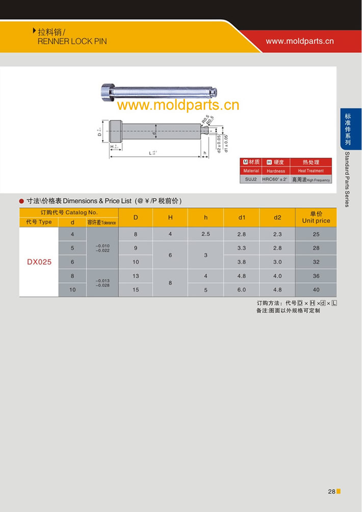 東莞大翔模具配件有限公司專業(yè)生產(chǎn)拉料銷，拉料銷的材質(zhì)、熱處理、硬度、標(biāo)準(zhǔn)、型號等詳情說明和介紹，您可以通過本頁面下單留言或者發(fā)送詢/報(bào)價(jià)