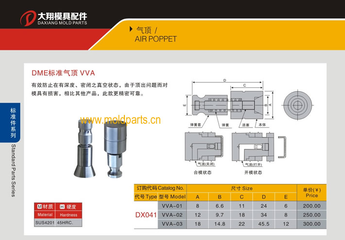 東莞大翔模具配件有限公司專業(yè)生產DME標準氣頂VVA，DME標準氣頂VVA的材質、熱處理、硬度、標準、型號等詳情說明和介紹，您可以通過本頁面下單留言或者發(fā)送詢/報價