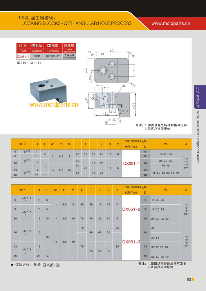 東莞大翔模具配件有限公司專業(yè)生產(chǎn)斜孔加工鎖模塊，斜孔加工鎖模塊的材質(zhì)、熱處理、硬度、標(biāo)準(zhǔn)、型號(hào)等詳情說(shuō)明和介紹，您可以通過(guò)本頁(yè)面下單留言或者發(fā)送詢/報(bào)價(jià)