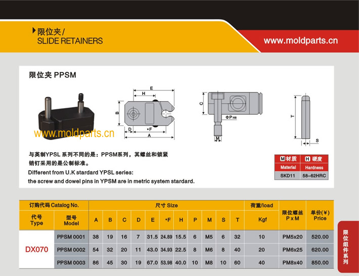 東莞大翔模具配件有限公司專業(yè)生產(chǎn)DME標(biāo)準(zhǔn)PPSM限位夾，DME標(biāo)準(zhǔn)PPSM限位夾的材質(zhì)、熱處理、硬度、標(biāo)準(zhǔn)、型號(hào)等詳情說明和介紹，您可以通過本頁面下單留言或者發(fā)送詢/報(bào)價(jià)
