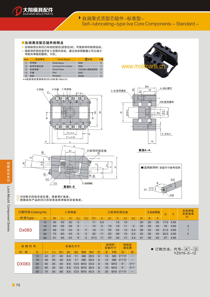 東莞大翔模具配件有限公司專業(yè)生產(chǎn)自潤滑式活型芯組件(標準型)，自潤滑式活型芯組件(標準型)的材質(zhì)、熱處理、硬度、標準、型號等詳情說明和介紹，您可以通過本頁面下單留言或者發(fā)送詢/報價