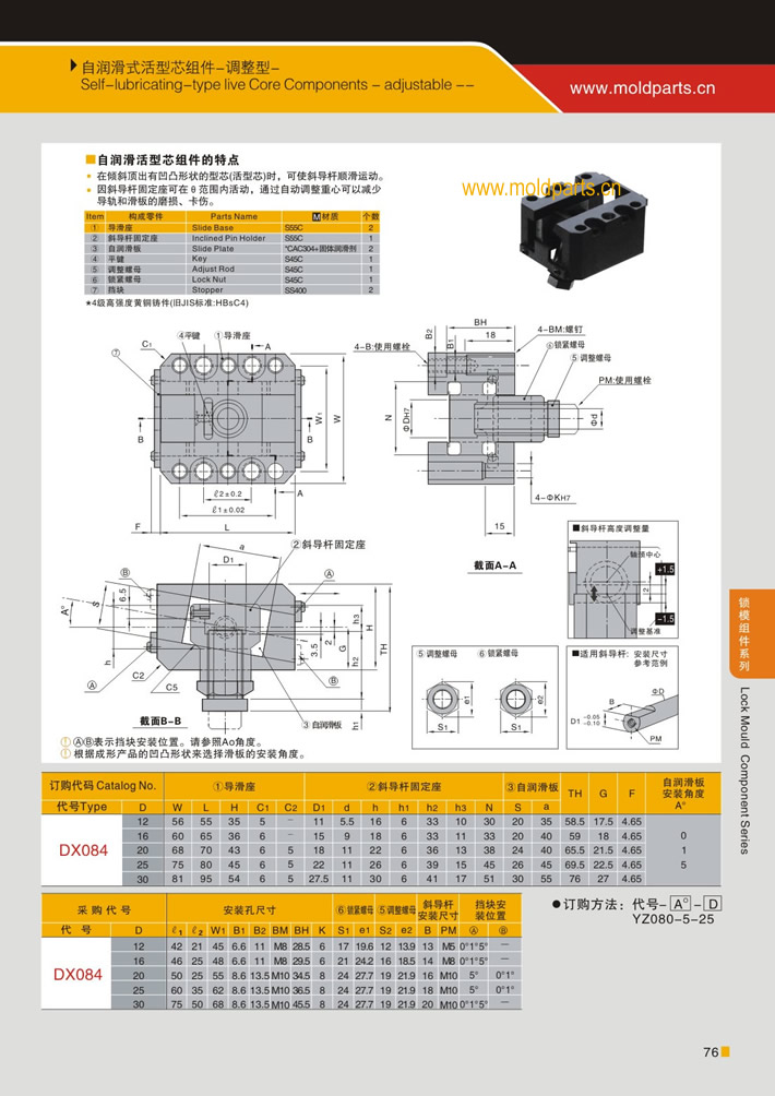 東莞大翔模具配件有限公司專業(yè)生產(chǎn)自潤滑式活型芯組件(調(diào)整型)，自潤滑式活型芯組件(調(diào)整型)的材質(zhì)、熱處理、硬度、標(biāo)準(zhǔn)、型號等詳情說明和介紹，您可以通過本頁面下單留言或者發(fā)送詢/報價