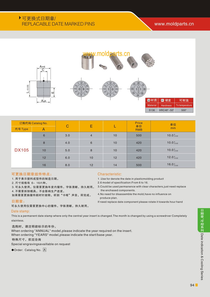 東莞大翔模具配件有限公司專業(yè)生產(chǎn)可更換式日期章，可更換式日期章的材質(zhì)、熱處理、硬度、標準、型號等詳情說明和介紹，您可以通過本頁面下單留言或者發(fā)送詢/報價