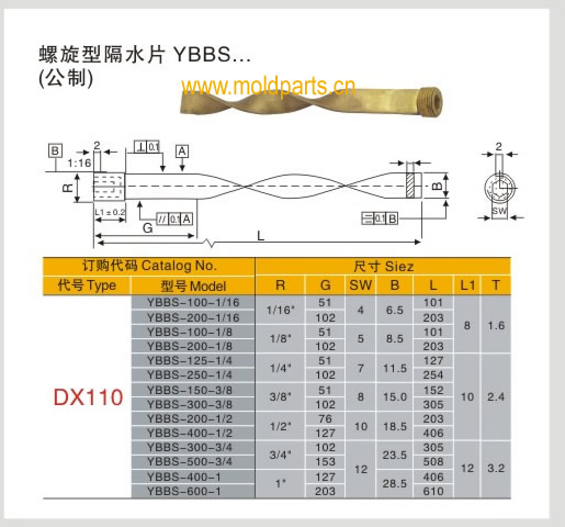 東莞大翔模具配件有限公司專業(yè)生產(chǎn)DME標準YBBS螺旋型隔水片，DME標準YBBS螺旋型隔水片的材質(zhì)、熱處理、硬度、標準、型號等詳情說明和介紹，您可以通過本頁面下單留言或者發(fā)送詢/報價