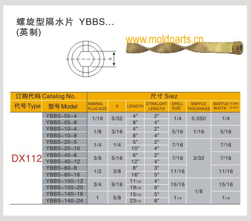 東莞大翔模具配件有限公司專業(yè)生產(chǎn)DME標(biāo)準(zhǔn)YBBS螺旋型隔水片(英制)，DME標(biāo)準(zhǔn)YBBS螺旋型隔水片(英制)的材質(zhì)、熱處理、硬度、標(biāo)準(zhǔn)、型號(hào)等詳情說明和介紹，您可以通過本頁面下單留言或者發(fā)送詢/報(bào)價(jià)