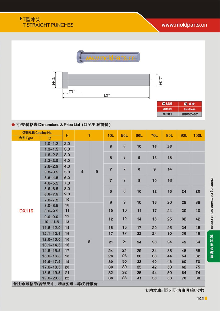 東莞大翔模具配件有限公司專(zhuān)業(yè)生產(chǎn)T型沖頭，T型沖頭的材質(zhì)、熱處理、硬度、標(biāo)準(zhǔn)、型號(hào)等詳情說(shuō)明和介紹，您可以通過(guò)本頁(yè)面下單留言或者發(fā)送詢(xún)/報(bào)價(jià)