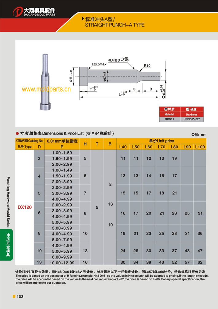 東莞大翔模具配件有限公司專業(yè)生產(chǎn)A型沖頭，A型沖頭的材質(zhì)、熱處理、硬度、標(biāo)準(zhǔn)、型號等詳情說明和介紹，您可以通過本頁面下單留言或者發(fā)送詢/報價