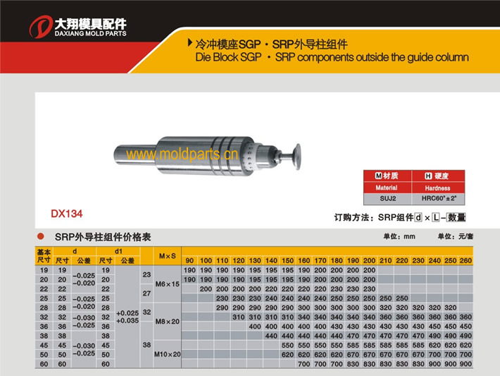 東莞大翔模具配件有限公司專業(yè)生產(chǎn)冷沖模SRP外導(dǎo)柱組件，冷沖模SRP外導(dǎo)柱組件的材質(zhì)、熱處理、硬度、標準、型號等詳情說明和介紹，您可以通過本頁面下單留言或者發(fā)送詢/報價